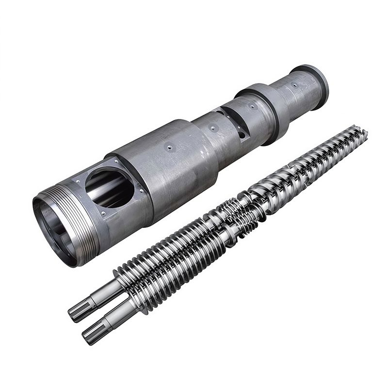 Conical twin screws and matching barrel. The tapered geometry illustrates why this assembly requires a compatible extruder.