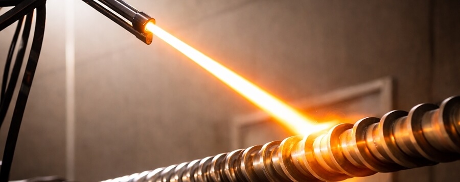 Laser clad PTA hard‑facing treatment on extruder screw flight, cobalt nickel alloy hard surfacing