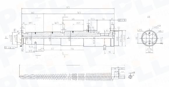 Technical drawing for a custom twin screw and barrel project