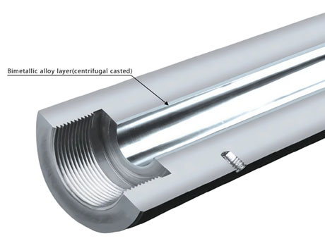 Cross-section of a bimetallic barrel: a centrifugally cast alloy liner inside a forged steel shell.
