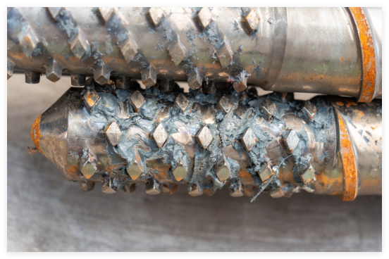Flight-land wear on screws retired from recycled-feedstock service.