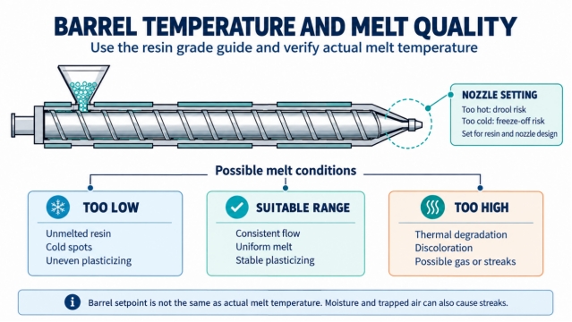 Injection barrel diagram comparing low suitable and excessive melt temperatures with nozzle setting guidance.