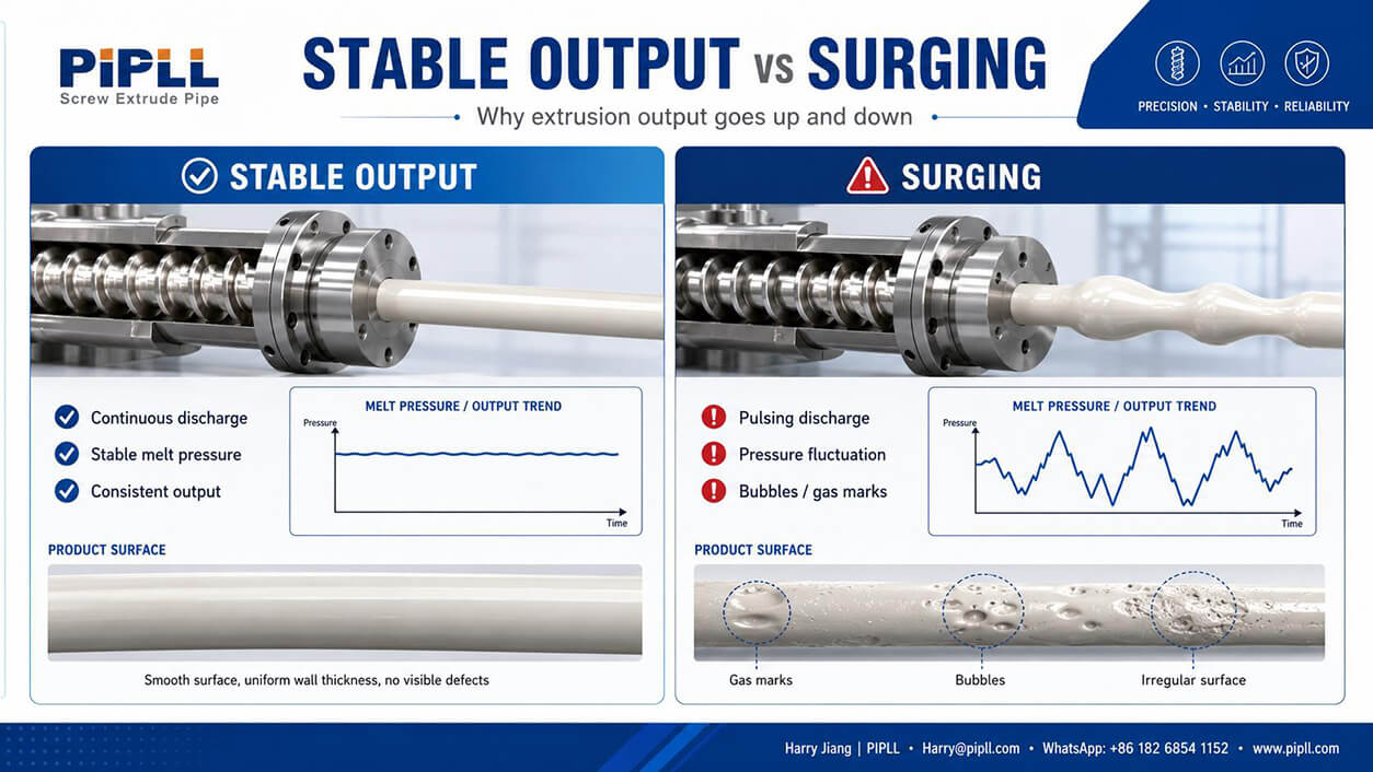 PIPLL infographic comparing stable extrusion output vs extruder surging, shows melt‑pressure trend curves, pulsing discharge, bubbles and gas marks defects on extruded pipe