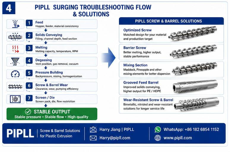 PIPLL surging troubleshooting flow & solutions infographic, 7‑step extruder diagnostic workflow from feed to screen/die, shows optimized screw, barrier screw, mixing section, grooved feed barrel, wear‑resistant screw barrel for plastic extrusion