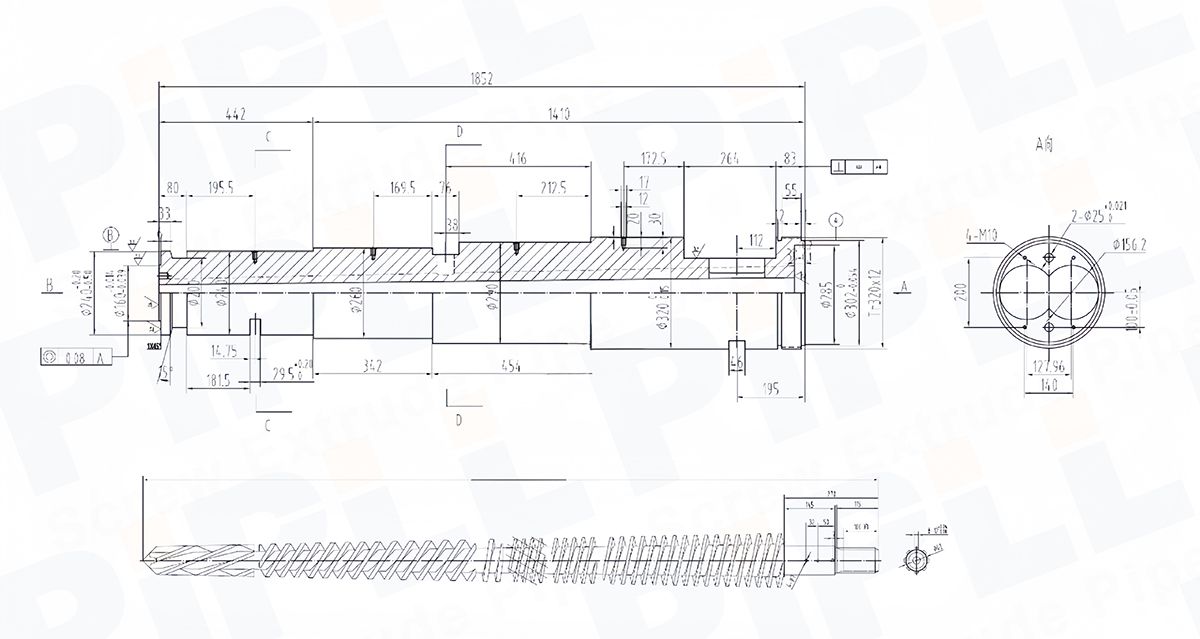 Example drawing showing screw and barrel dimensions and interfaces. A replacement exporter should confirm the applicable drawing or verified measurement set before manufacture.