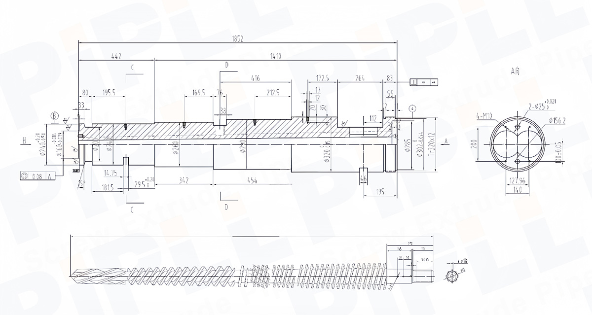 Example screw and barrel drawing with overall dimensions, ports, and connection details. Replacement dimensions must be confirmed against the specific extruder.