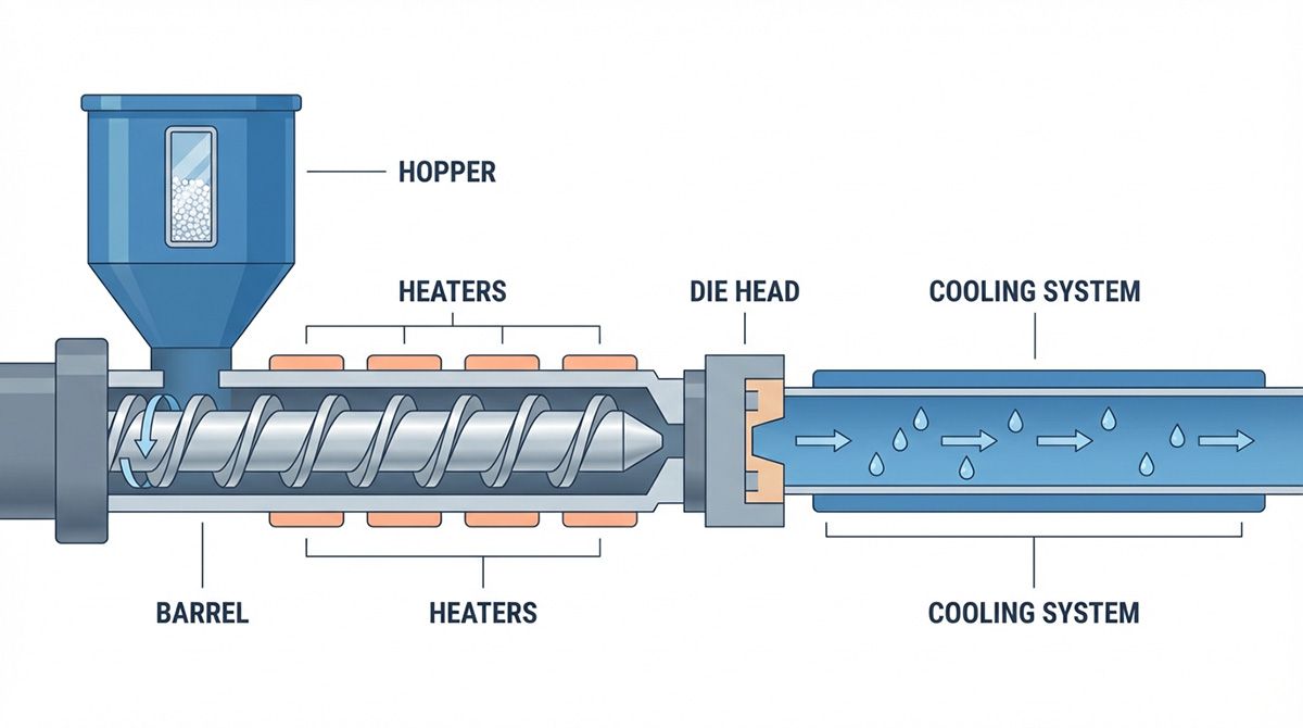 Single screw extruder structure diagram, showing hopper, barrel, heaters, die head and cooling system