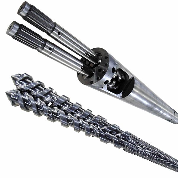 A twin screw and barrel assembly. The correct configuration is selected according to the extruder design, resin formulation, and production objective.