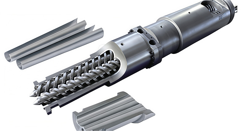 3D cutaway render of twin screw barrel for injection molding and extrusion